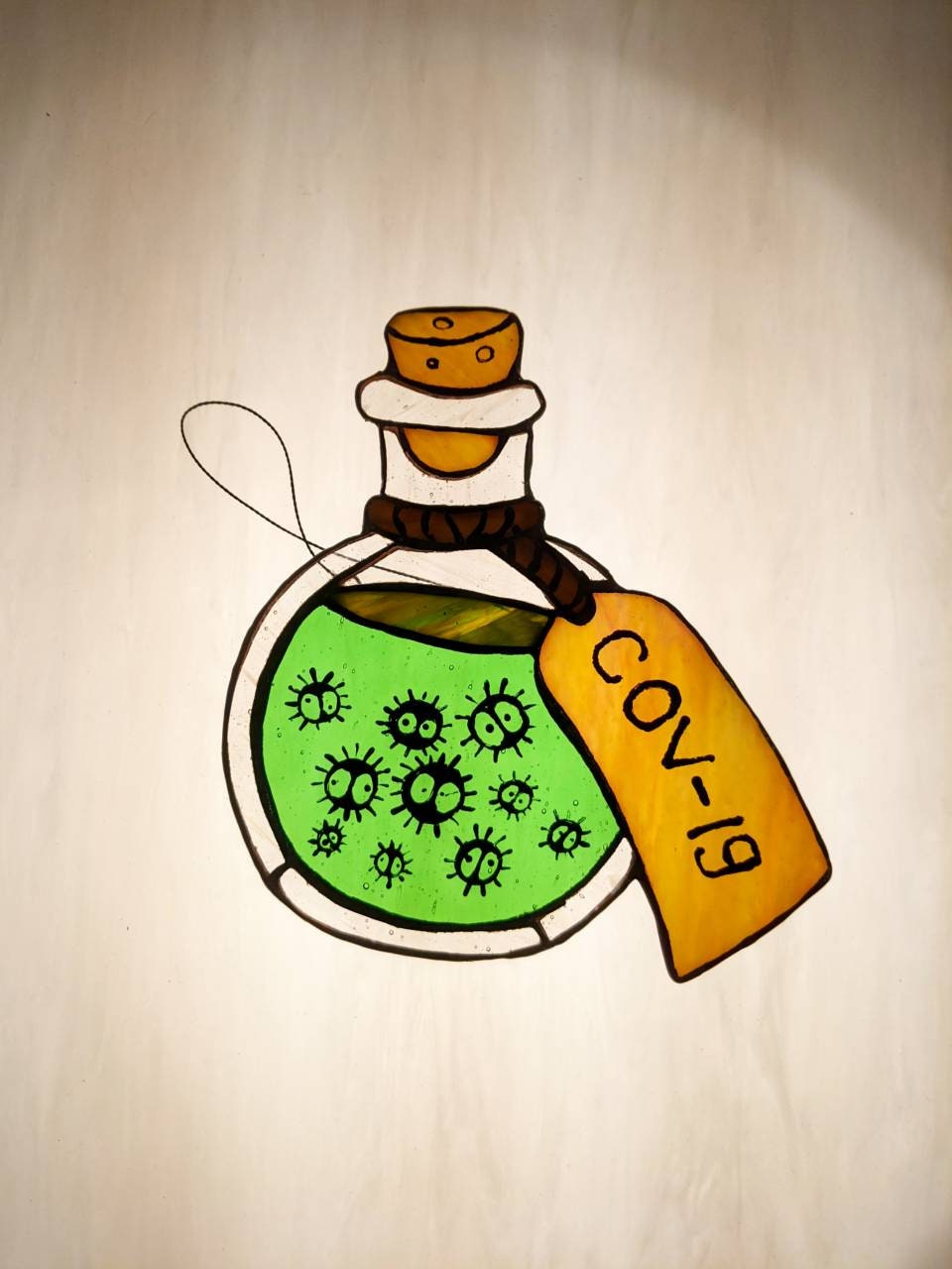 Virus Potion Bottle Stained Glass Suncatcher — Spooky Science Halloween Window Art, Gothic Gift