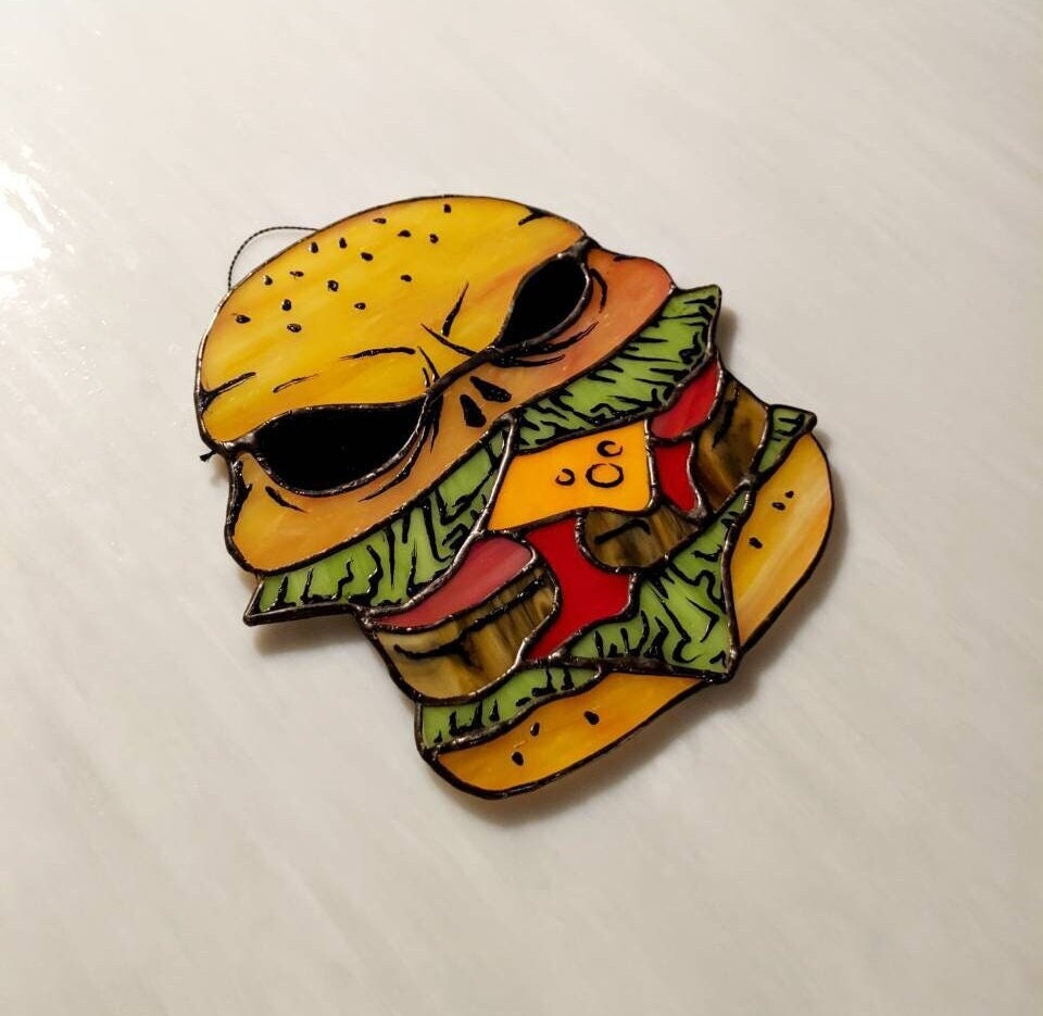 Halloween c Stained Glass Suncatcher — Skull Food Horror Window Art, Weird Spooky Gift