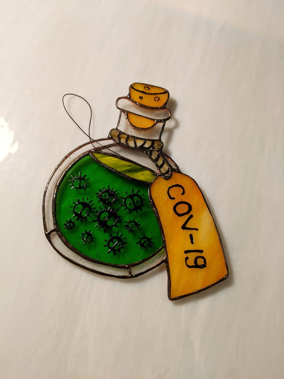 Virus Potion Bottle Stained Glass Suncatcher — Spooky Science Halloween Window Art, Gothic Gift