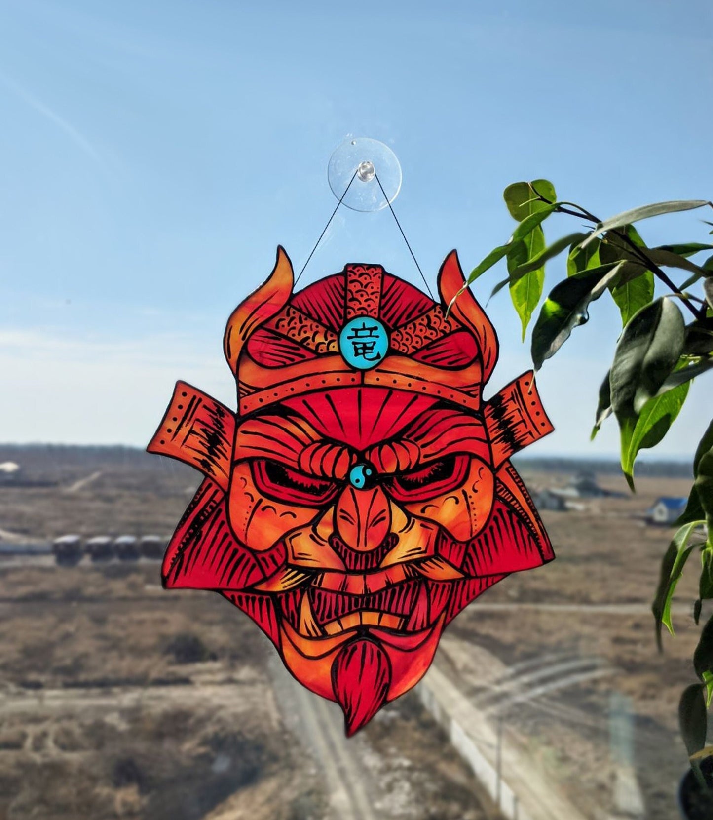Red Samurai Mask Stained Glass Suncatcher — Japanese Oni Window Art, Anime Warrior Gift Him