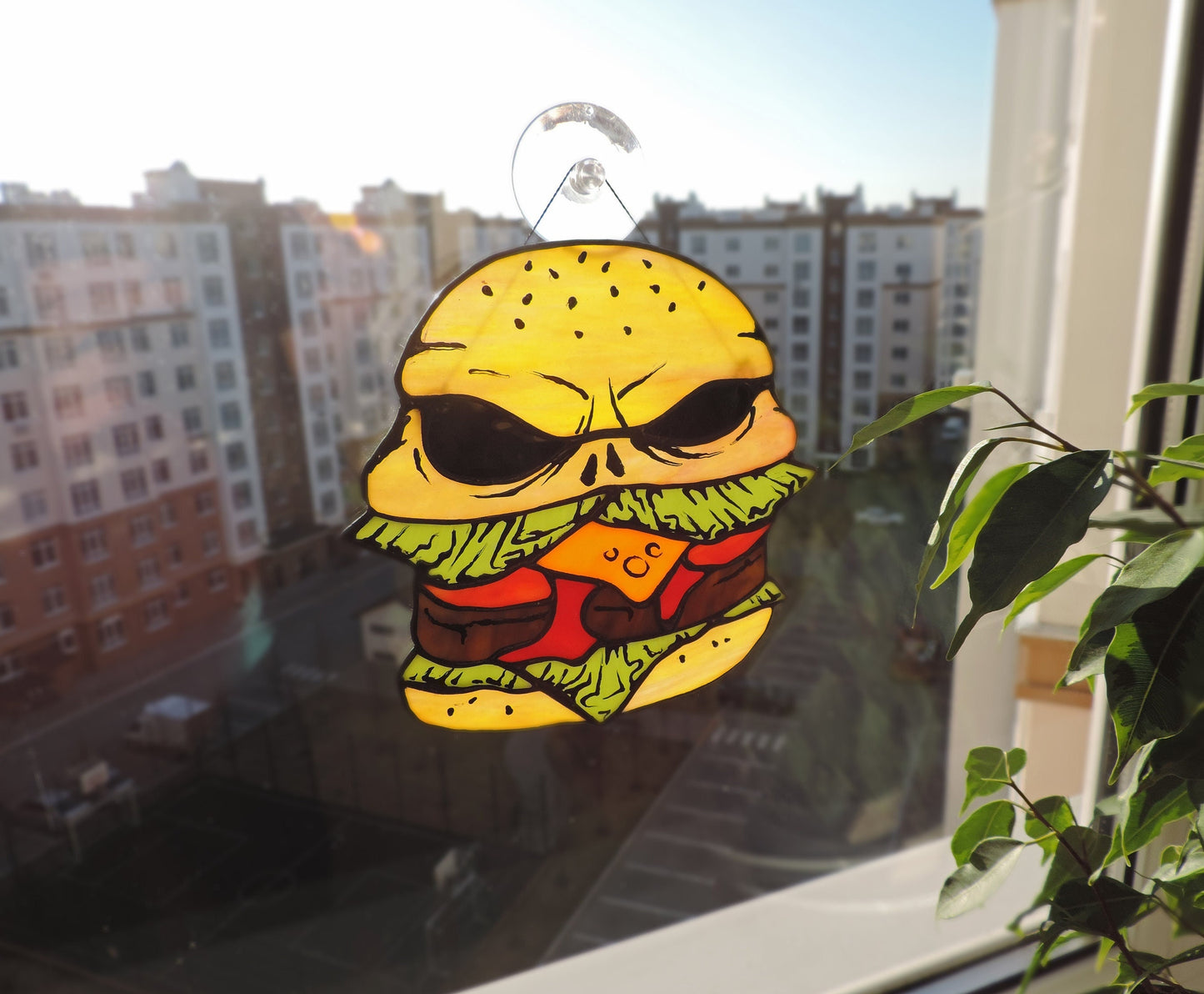 Halloween c Stained Glass Suncatcher — Skull Food Horror Window Art, Weird Spooky Gift