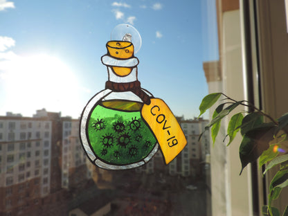 Virus Potion Bottle Stained Glass Suncatcher — Spooky Science Halloween Window Art, Gothic Gift