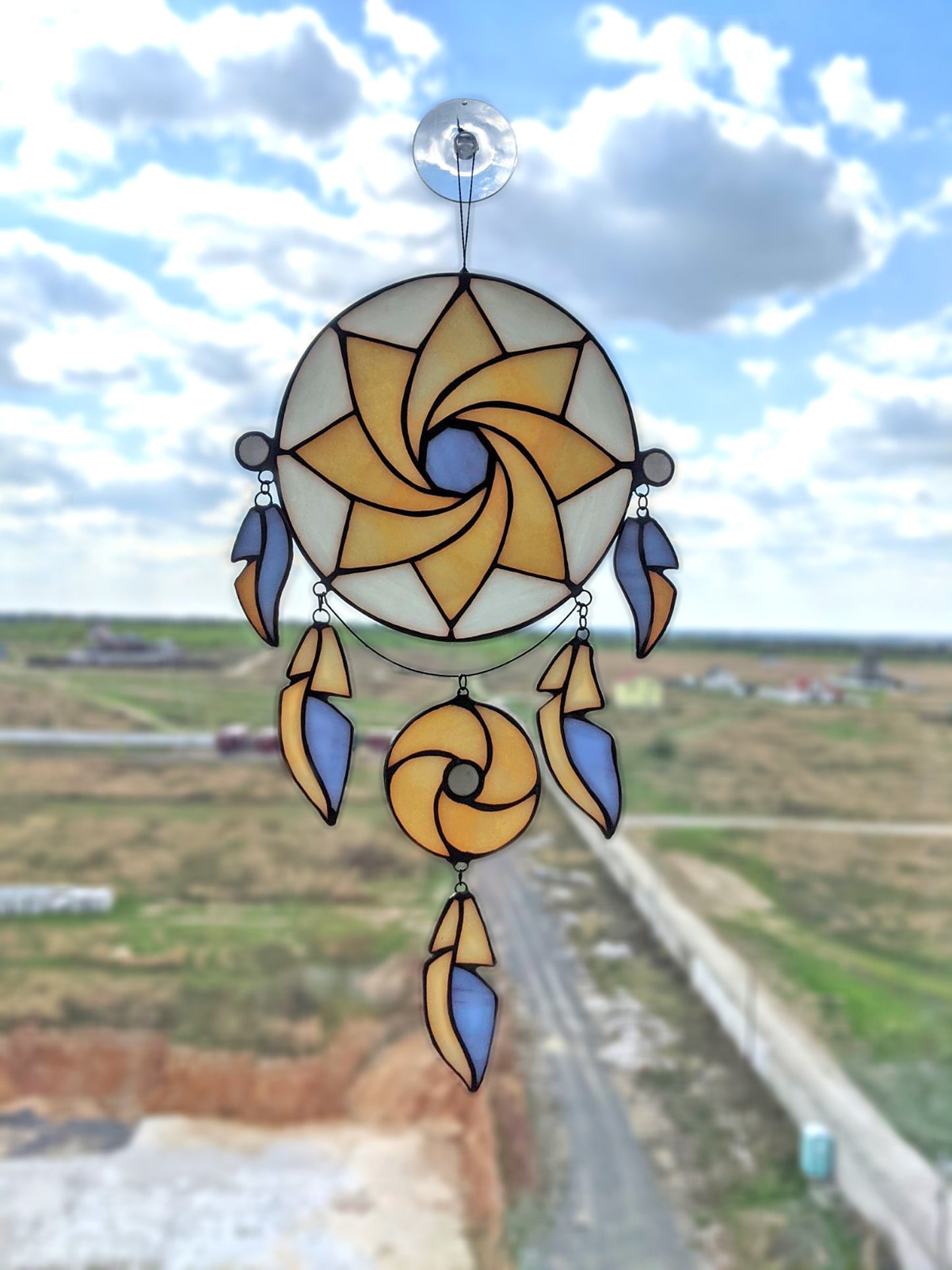 Boho Web Circle Stained Glass Suncatcher — Geometric Feather Window Art, Bohemian Home Gift