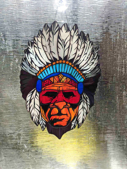Stained Glass Suncatcher — Tribal Warrior Chief Portrait, Southwest Boho Window Hanging, Warrior Gift
