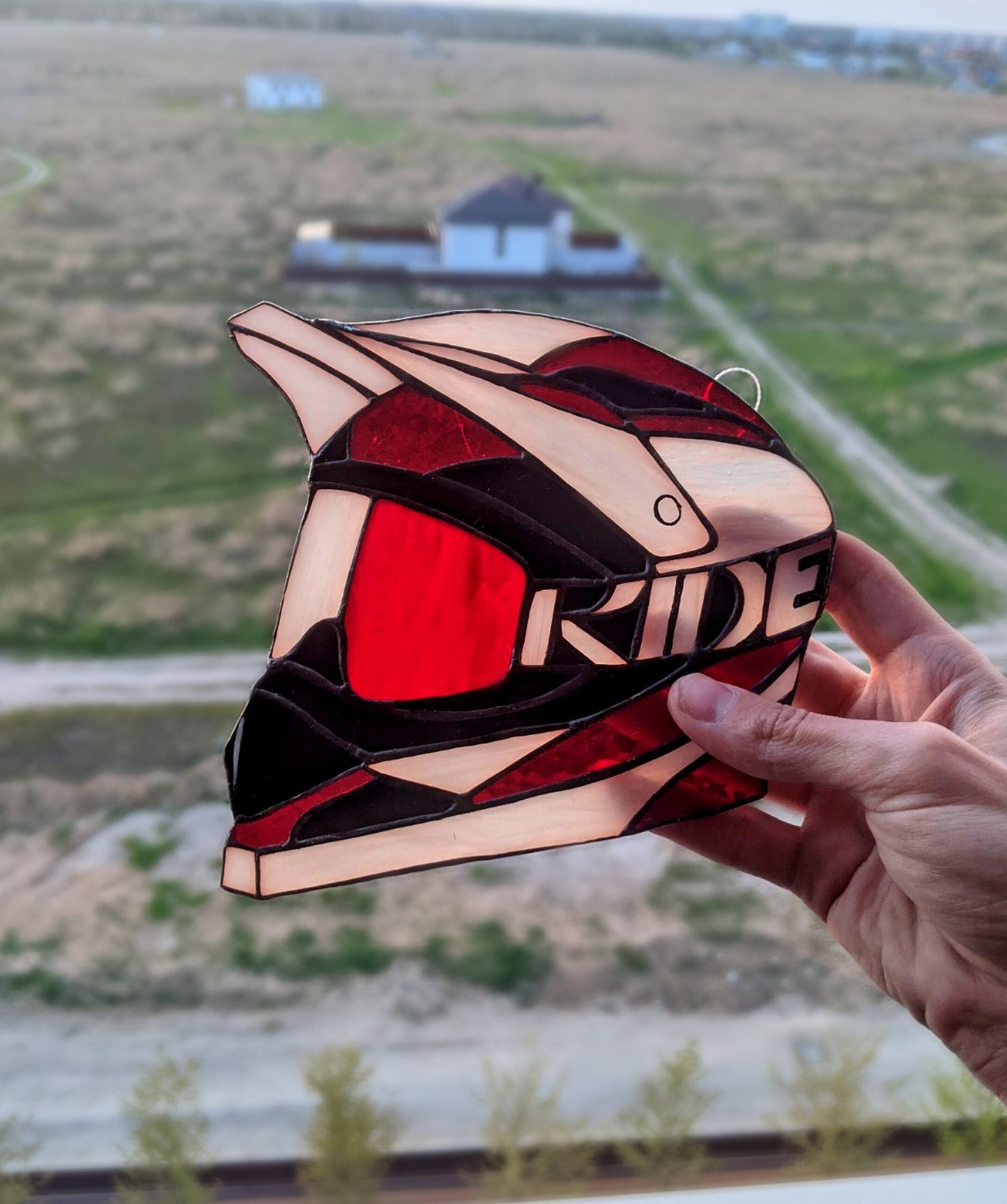 Full Face Helmet Stained Glass Suncatcher — Motocross Enduro Window Art, Biker Gift for Him