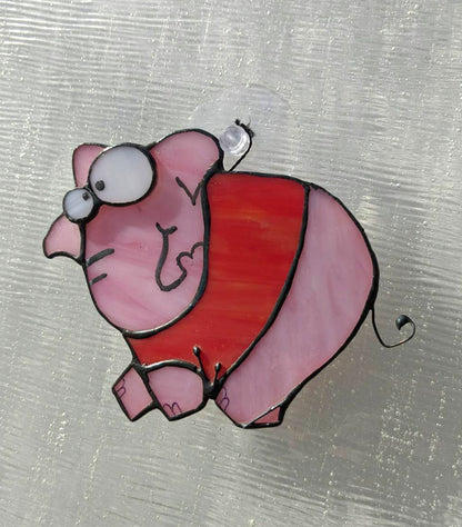 Pink Elephant in Red Shirt Stained Glass Suncatcher — Cute Funny Animal Window Art, Kids Gift