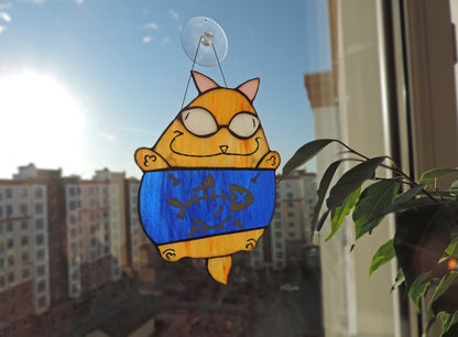 Chonky Cat Fish X-Ray Suncatcher — Funny Meme Window Art, Cat Lover Gift, Quirky Decor