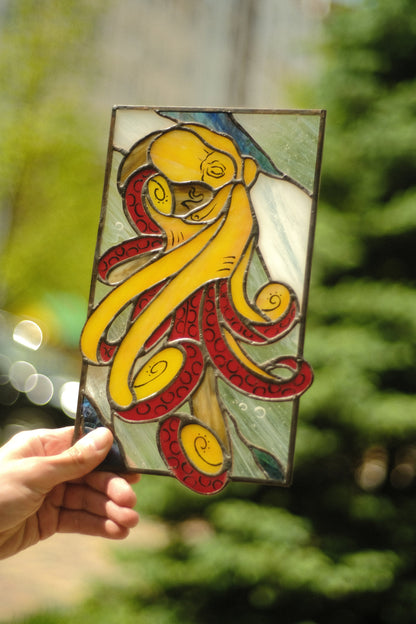 Stained Glass Window Panel — Octopus Kraken Cthulhu, Nautical Sea Monster Art, Gothic Ocean Gift