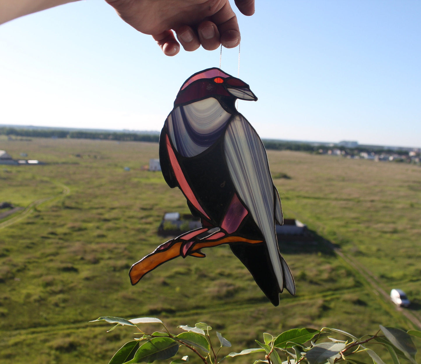 Crow on Branch Stained Glass Suncatcher — Iridescent Raven Window Art, Gothic Bird Nature Gift