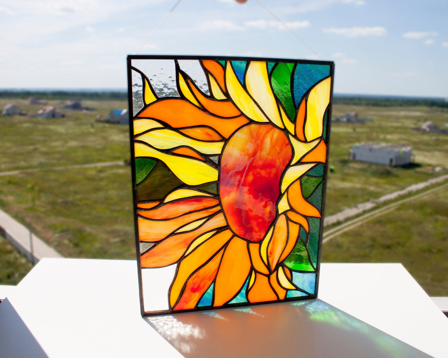 Sunflower Stained Glass Panel— Floral Window Hanging, August Birth Flower, Nature Gift