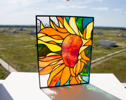 Sunflower Stained Glass Panel— Floral Window Hanging, August Birth Flower, Nature Gift
