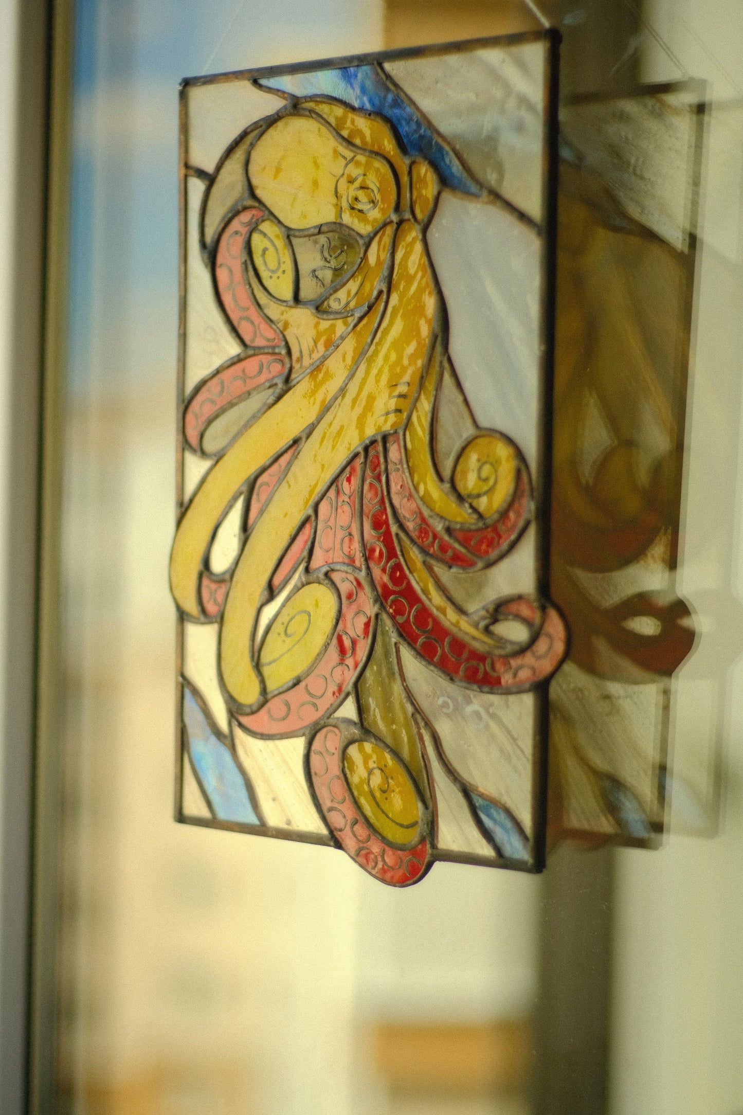 Stained Glass Window Panel — Octopus Kraken Cthulhu, Nautical Sea Monster Art, Gothic Ocean Gift
