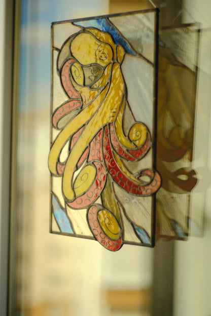 Stained Glass Window Panel — Octopus Kraken Cthulhu, Nautical Sea Monster Art, Gothic Ocean Gift