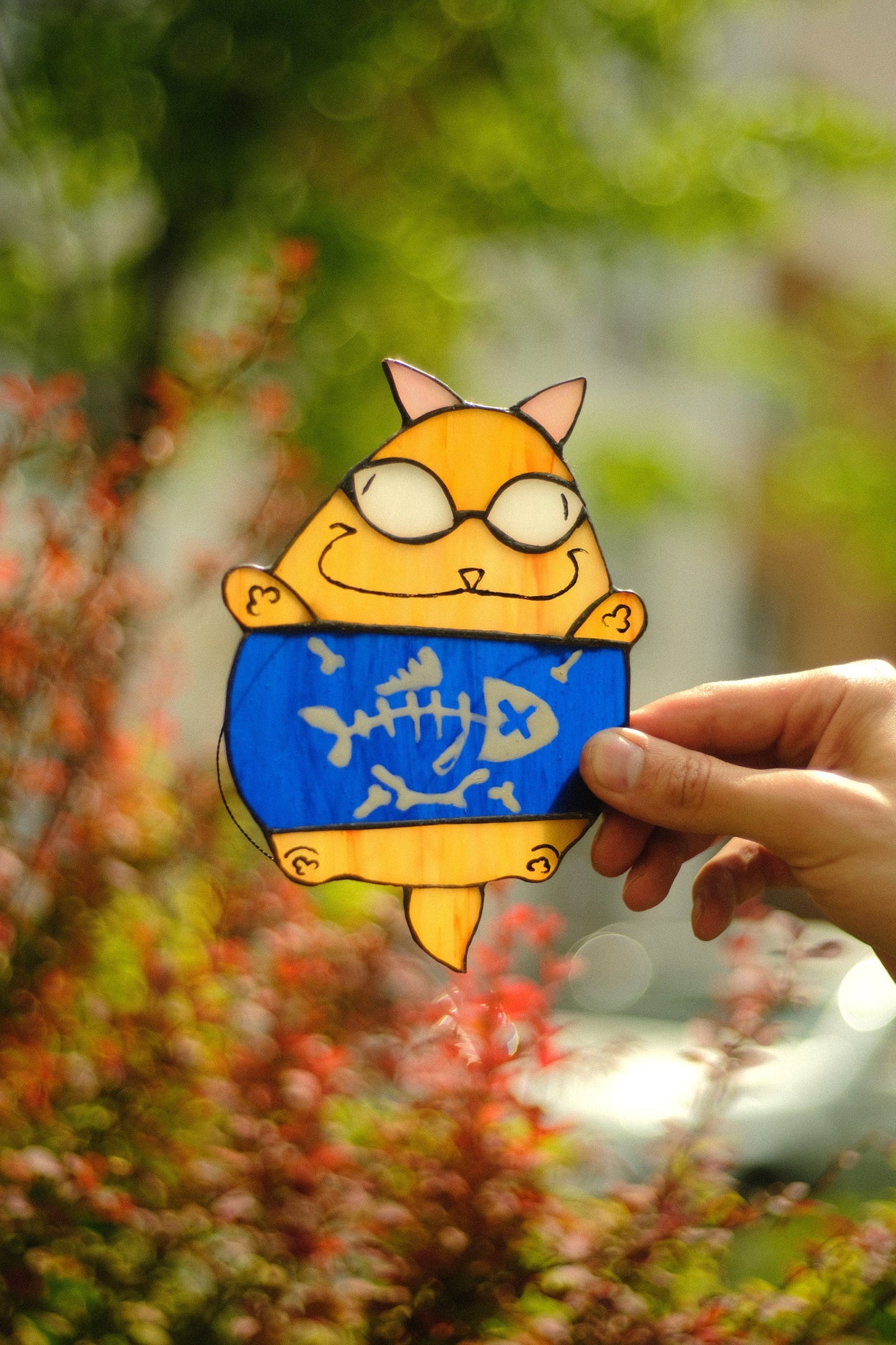 Chonky Cat Fish X-Ray Suncatcher — Funny Meme Window Art, Cat Lover Gift, Quirky Decor