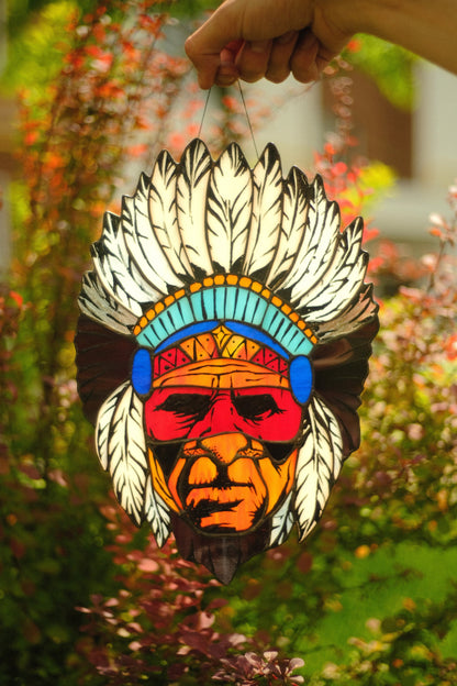 Stained Glass Suncatcher — Tribal Warrior Chief Portrait, Southwest Boho Window Hanging, Warrior Gift