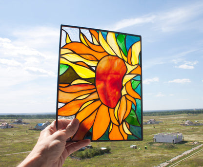 Sunflower Stained Glass Panel— Floral Window Hanging, August Birth Flower, Nature Gift