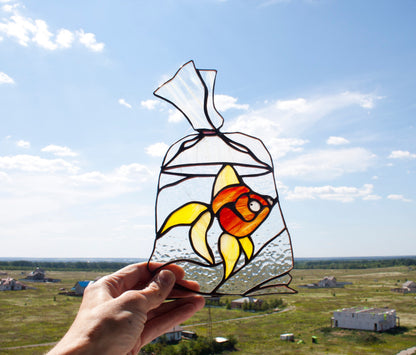 Goldfish in a Bag Suncatcher — Carnival Fish Nostalgic Window Art, Aquarist Fish Lover Gift