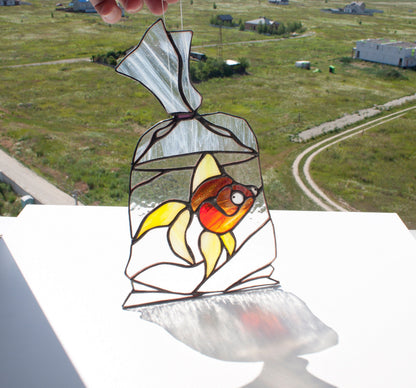 Goldfish in a Bag Suncatcher — Carnival Fish Nostalgic Window Art, Aquarist Fish Lover Gift