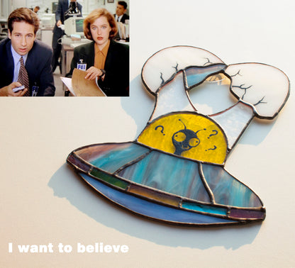 UFO Fried Egg Stained Glass Suncatcher — Alien Spaceship Meme, Weird Window Art, Sci-Fi Gift