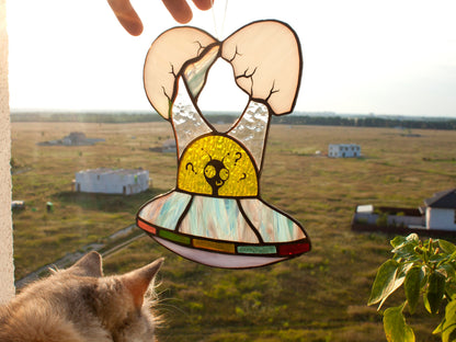 UFO Fried Egg Stained Glass Suncatcher — Alien Spaceship Meme, Weird Window Art, Sci-Fi Gift