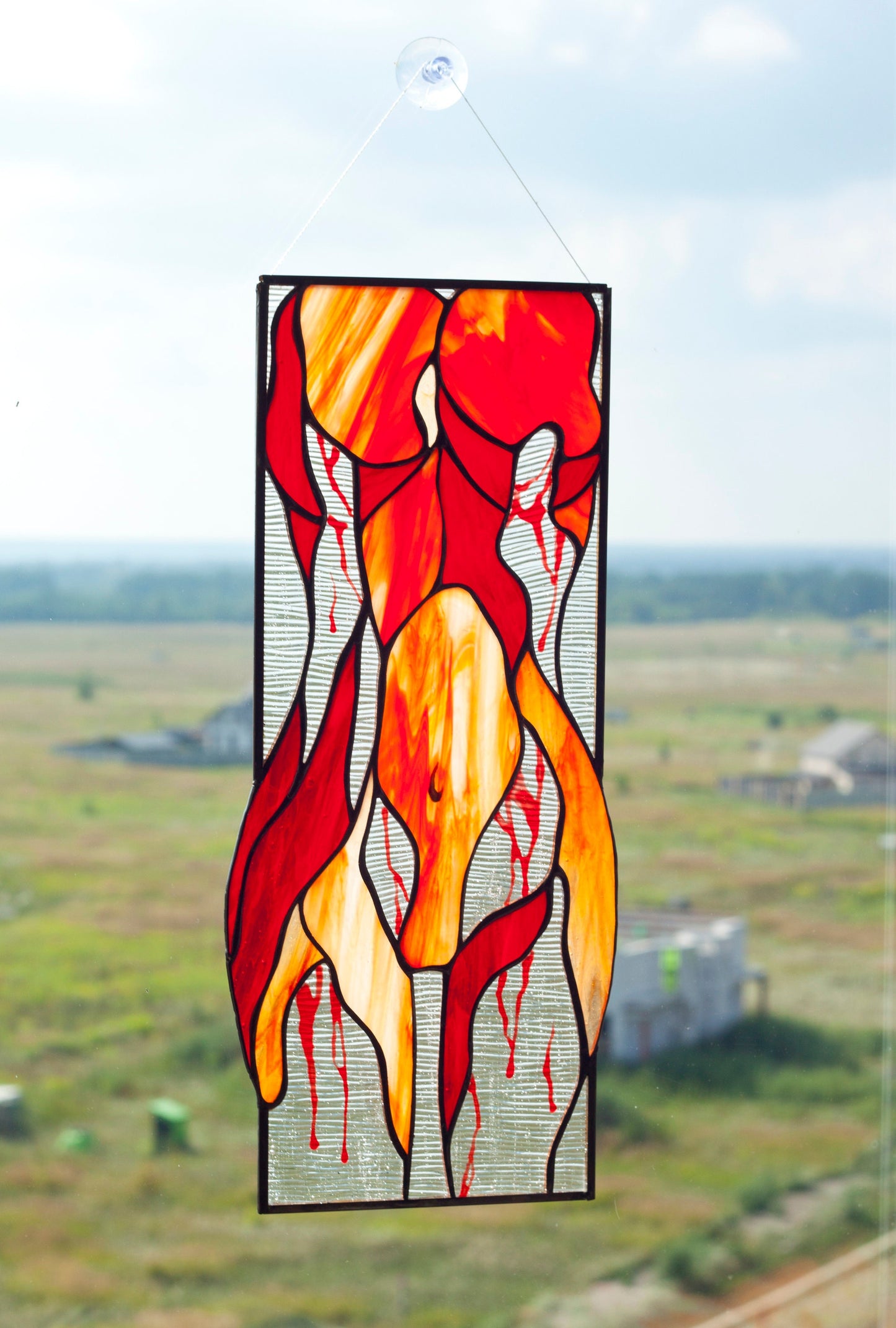 Abstract Female Figure Stained Glass Panel — Red Body Paint Art, Feminine Fine Art Decor