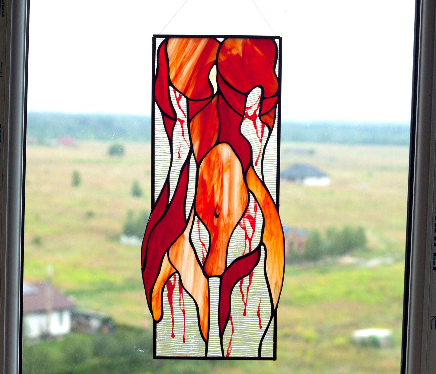 Abstract Female Figure Handmade Stained Glass Panel — Detail View