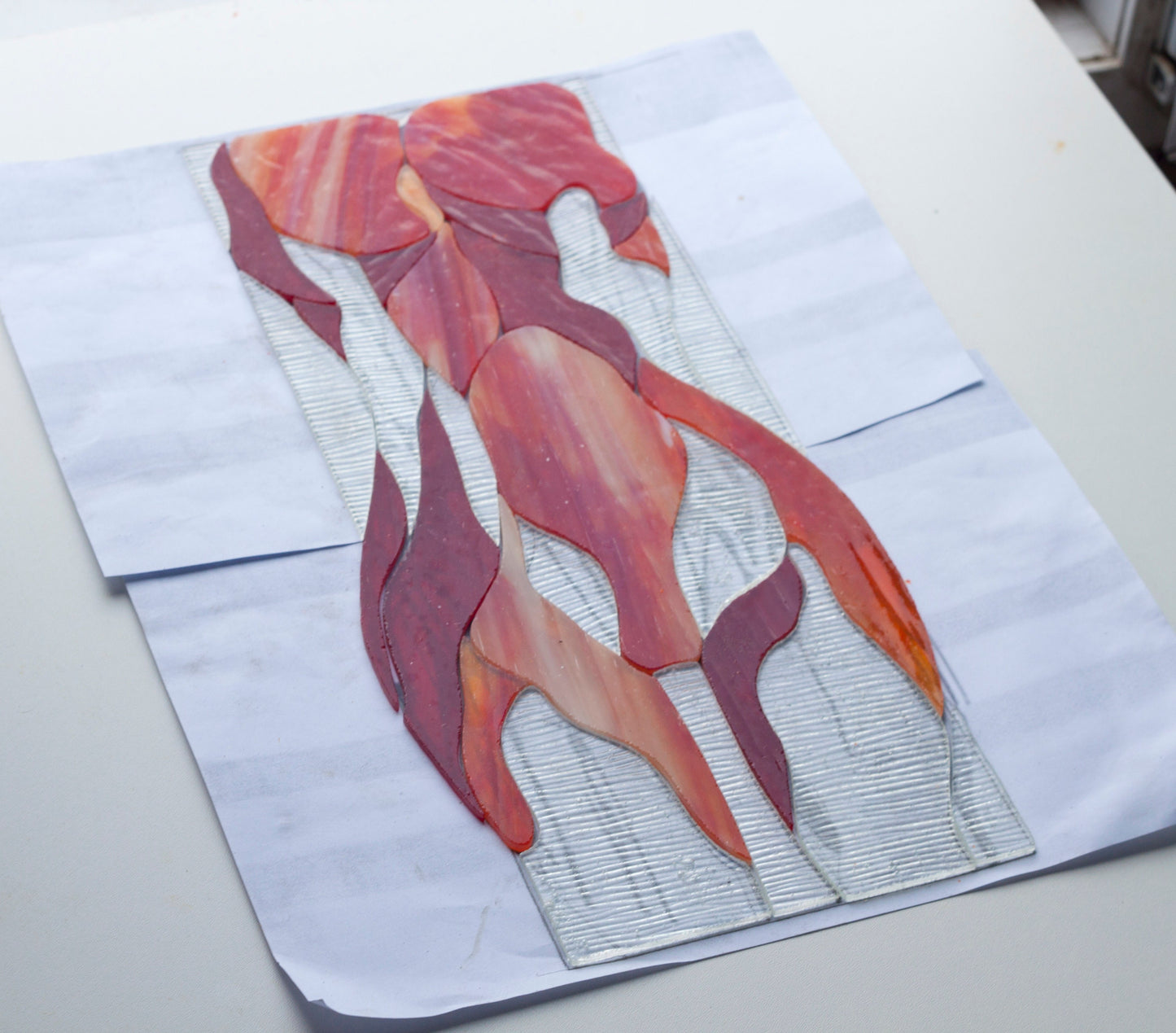 Abstract Female Figure Stained Glass Panel — Red Body Paint Art, Feminine Fine Art Decor
