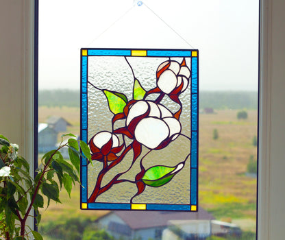 Cotton Branch Stained Glass Suncatcher — Farmhouse Botanical Window Art, Natural Home Gift Her