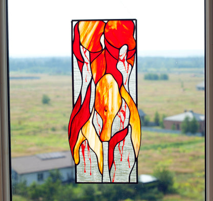 Abstract Female Figure Stained Glass Panel — Red Body Paint Art, Feminine Fine Art Decor