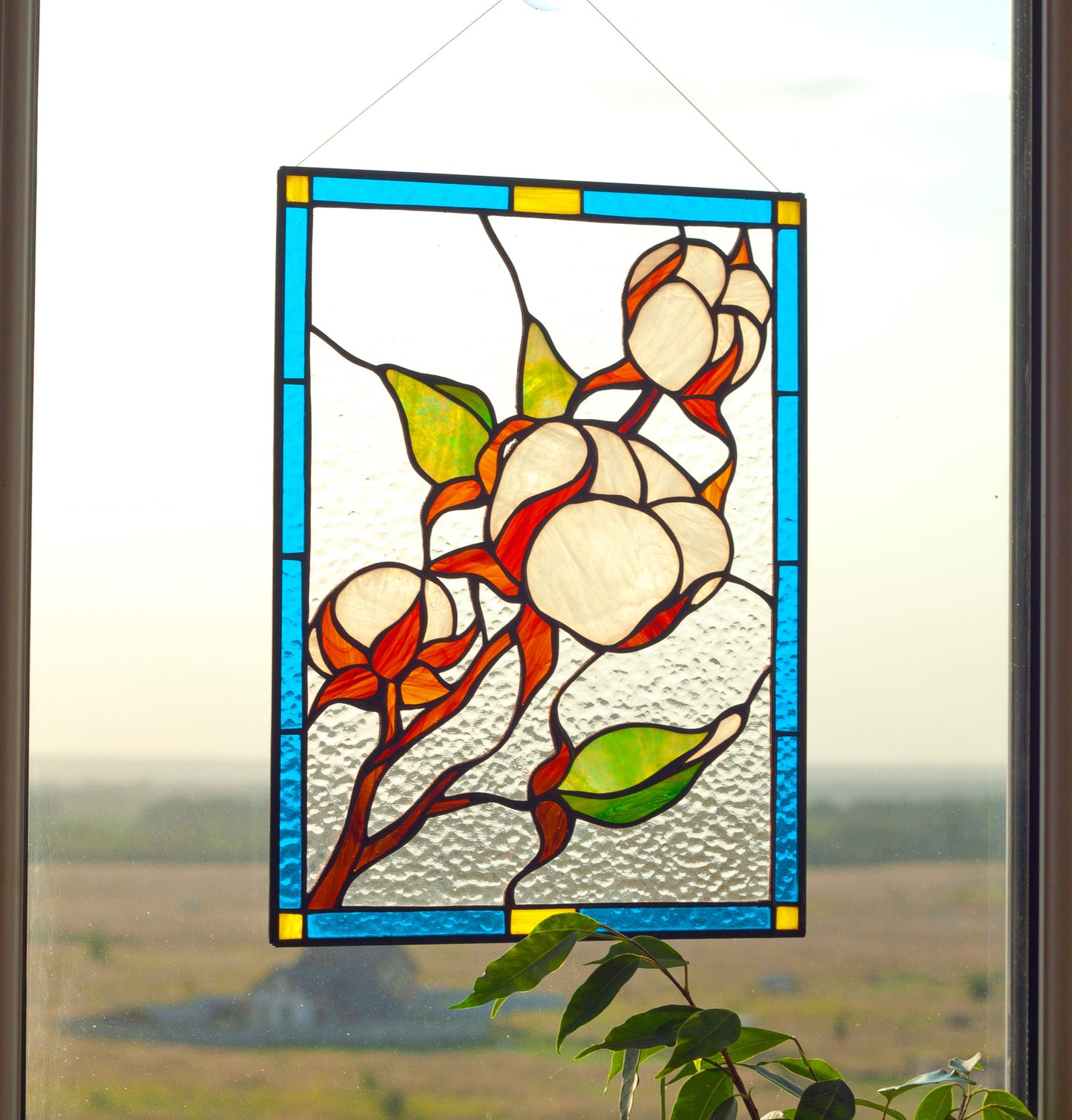 Cotton Branch Stained Glass Suncatcher — Farmhouse Botanical Window Art, Natural Home Gift Her