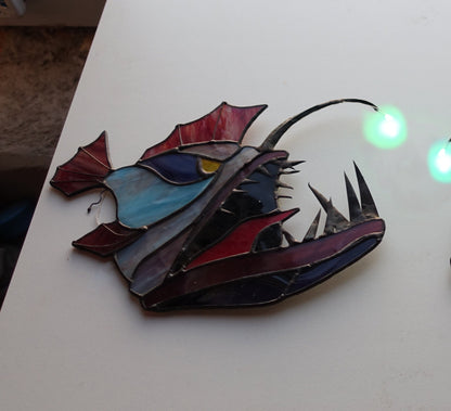 Anglerfish Stained Glass Suncatcher — Deep Sea Night Light Window Art, Weird Ocean Horror Gift