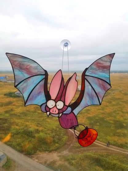 Halloween Bat Pumpkin Stained Glass Suncatcher — Gothic Spooky Window Art, Halloween Horror Gift