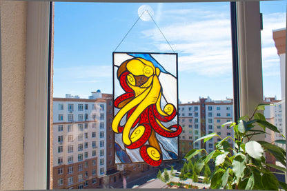 Stained Glass Window Panel — Octopus Kraken Cthulhu, Nautical Sea Monster Art, Gothic Ocean Gift