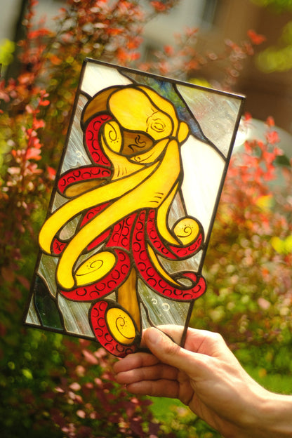 Digital pattern Octopus Stained glass Window panel