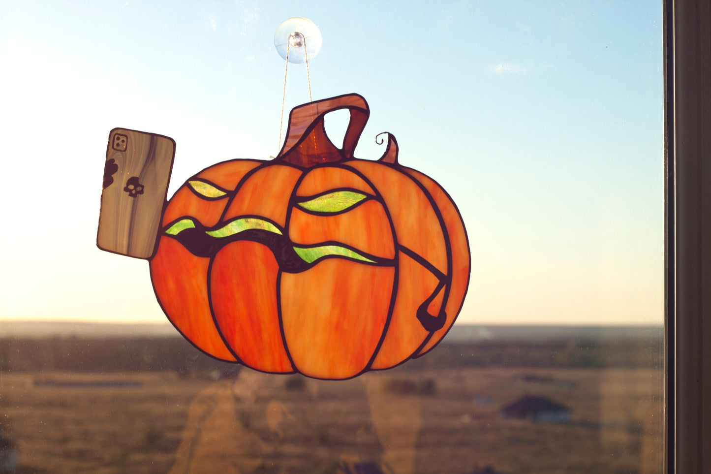 Halloween Pumpkin Skull Phone Stained Glass Suncatcher — Spooky Funny Window Art, Horror Gift