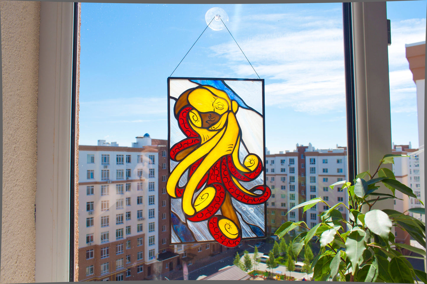 Digital pattern Octopus Stained glass Window panel