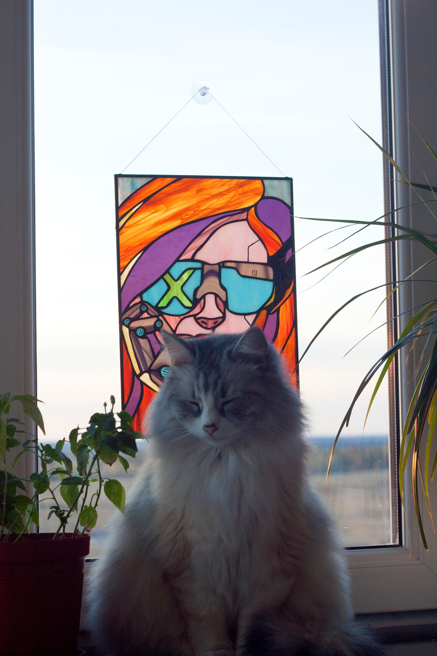Stained Glass Panel — Cyberpunk Girl Sci-Fi Window Hanging, Neon Futuristic Decor, Gamer Gift