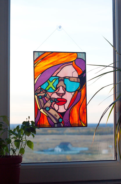 Stained Glass Panel — Cyberpunk Girl Sci-Fi Window Hanging, Neon Futuristic Decor, Gamer Gift