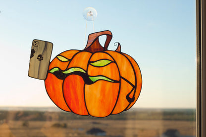 Halloween Pumpkin Skull Phone Stained Glass Suncatcher — Spooky Funny Window Art, Horror Gift