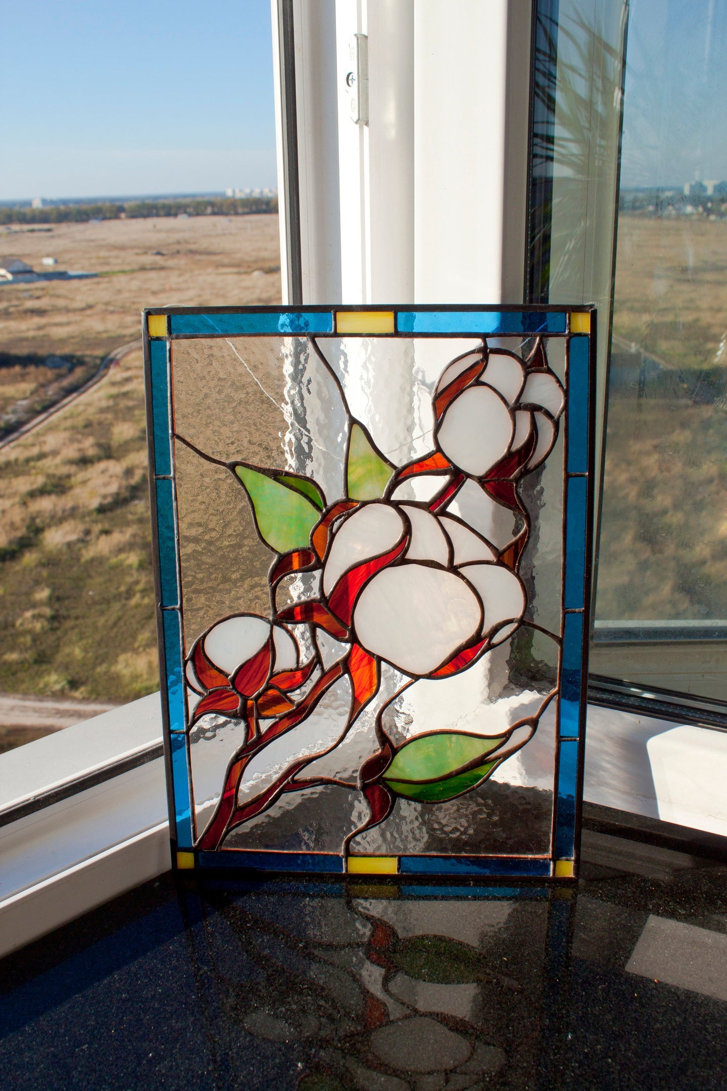 Cotton Branch Stained Glass Suncatcher — Farmhouse Botanical Window Art, Natural Home Gift Her