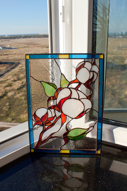 Cotton Branch Stained Glass Suncatcher — Farmhouse Botanical Window Art, Natural Home Gift Her