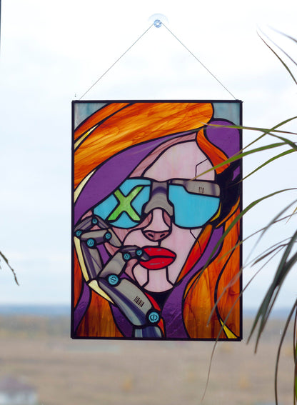 Stained Glass Panel — Cyberpunk Girl Sci-Fi Window Hanging, Neon Futuristic Decor, Gamer Gift