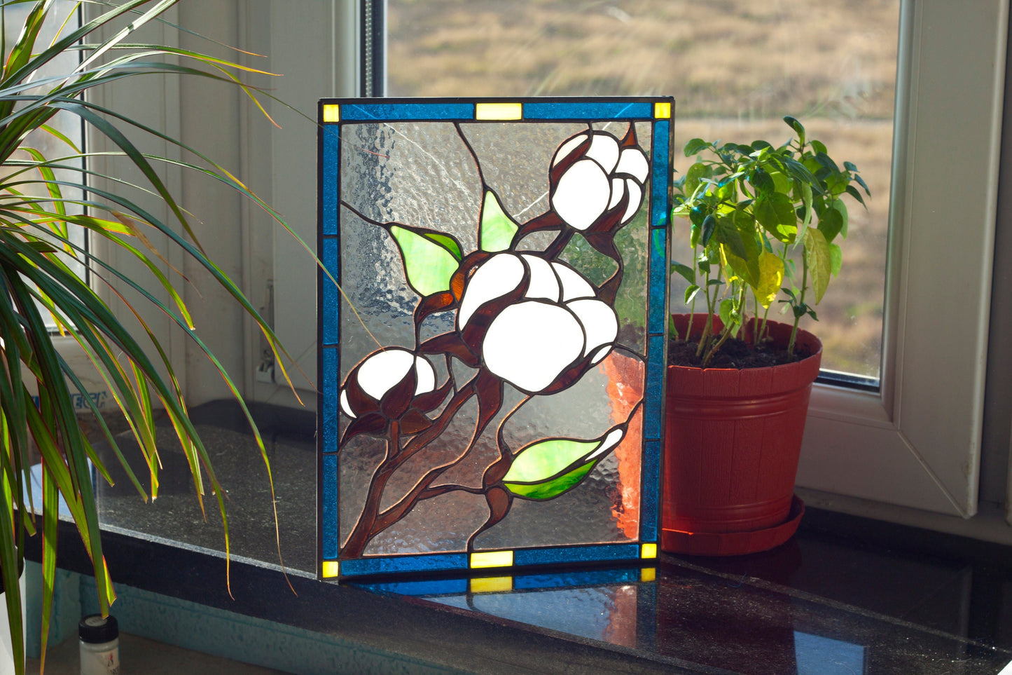 Cotton Branch Stained Glass Suncatcher — Farmhouse Botanical Window Art, Natural Home Gift Her