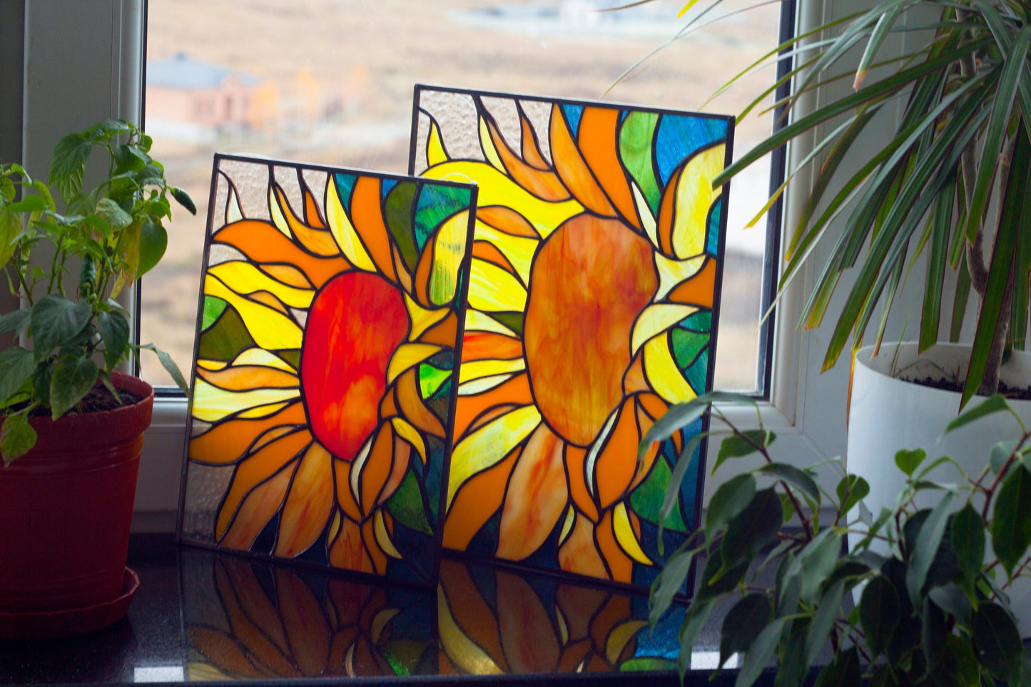 Sunflower Stained Glass Panel— Floral Window Hanging, August Birth Flower, Nature Gift