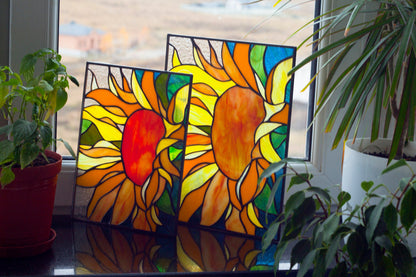 Sunflower Stained Glass Panel— Floral Window Hanging, August Birth Flower, Nature Gift