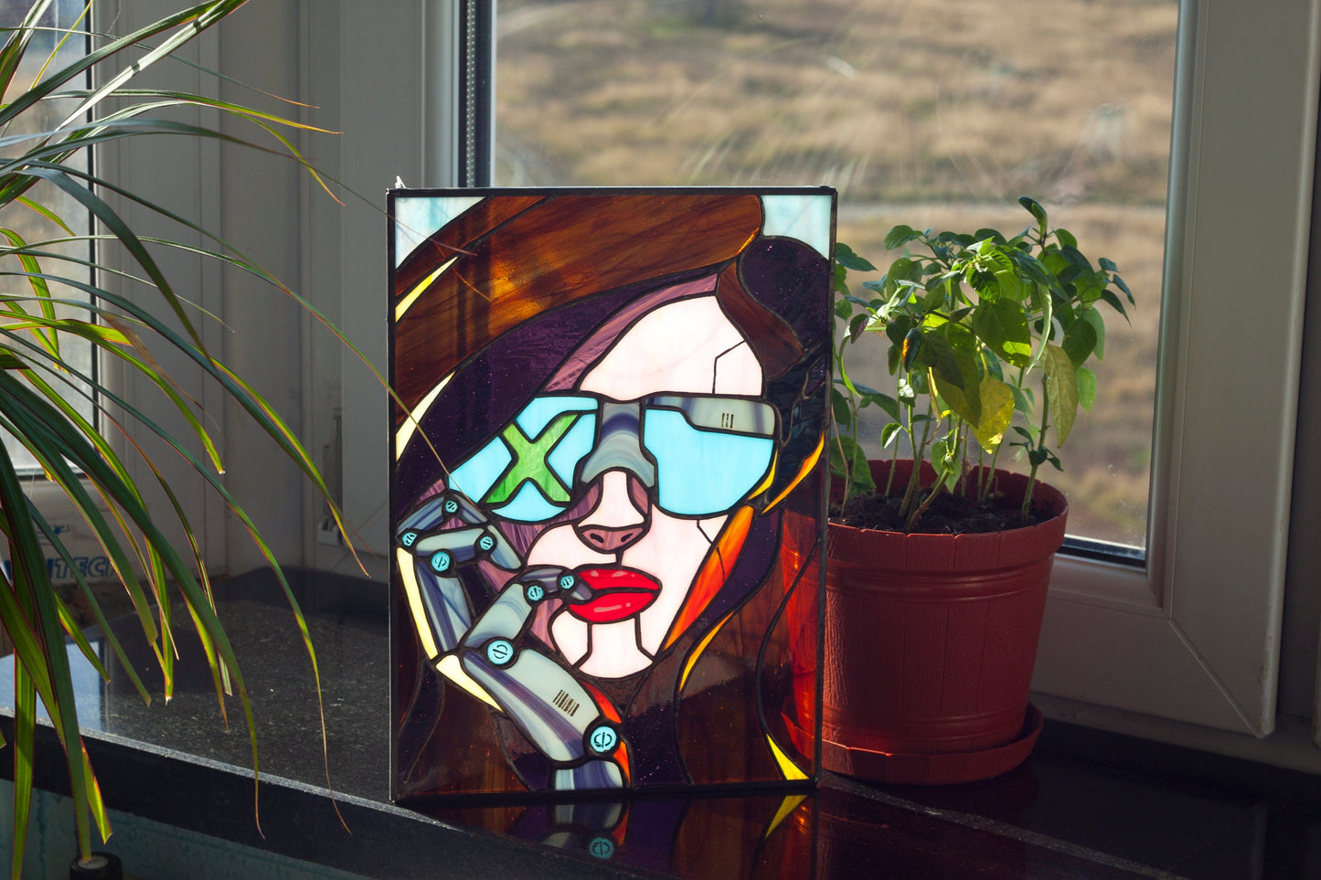 Stained Glass Panel — Cyberpunk Girl Sci-Fi Window Hanging, Neon Futuristic Decor, Gamer Gift