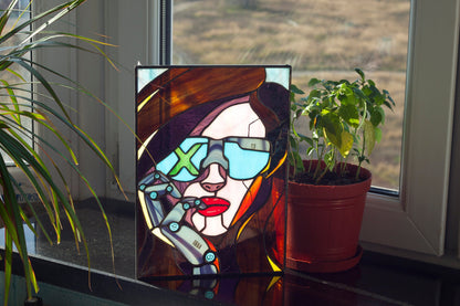 Stained Glass Panel — Cyberpunk Girl Sci-Fi Window Hanging, Neon Futuristic Decor, Gamer Gift