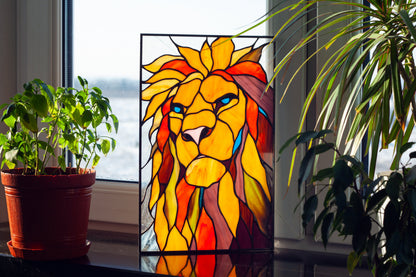 Stained Glass Panel — Abstract Geometric Lion, Boho Leo Window Hanging, Leo Birthday Gift