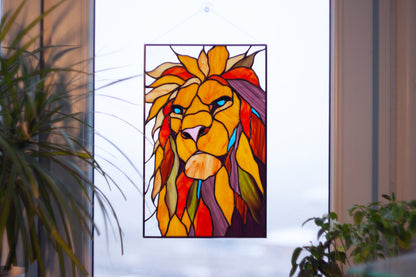 Stained Glass Panel — Abstract Geometric Lion, Boho Leo Window Hanging, Leo Birthday Gift