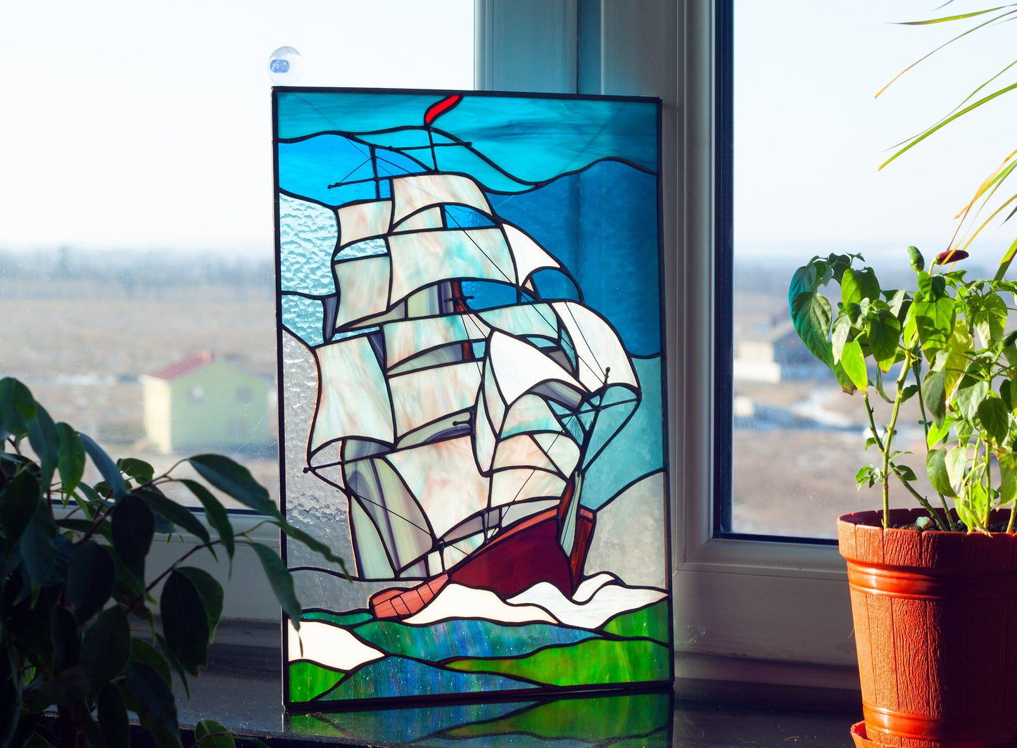 Stained Glass Window Panel — Sailing Ship Seascape, Nautical Ocean Hanging, Sailor Boat Gift